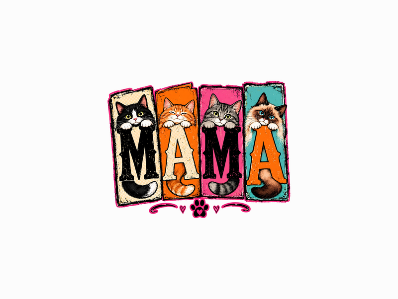 Paneled Cat Mama Colorful Distressed Kittens - DTF Transfer