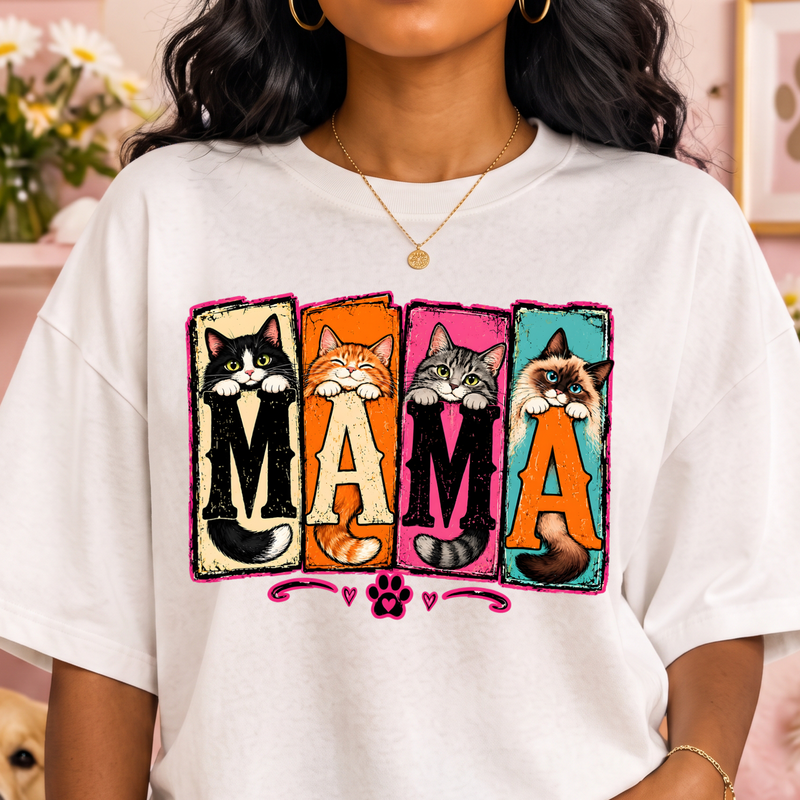 Paneled Cat Mama Colorful Distressed Kittens - DTF Transfer