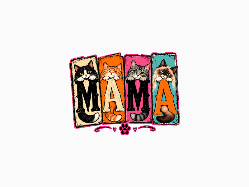 Paneled Cat Mama Colorful Distressed Kittens - DTF Transfer