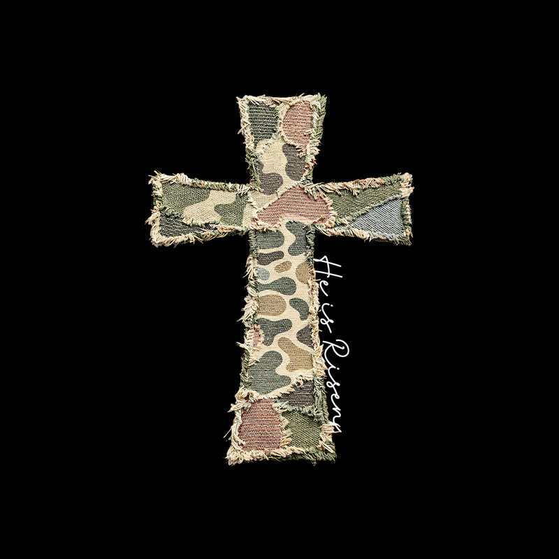 Frayed Canvas Camo Cross - He Is Risen - DTF Transfer (Copy)
