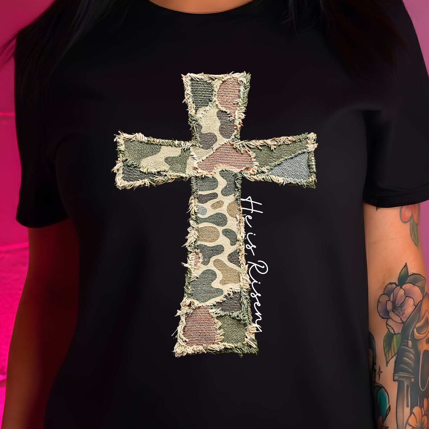 Frayed Canvas Camo Cross - He Is Risen - DTF Transfer (Copy)