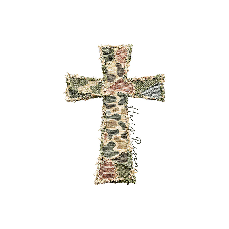 Frayed Canvas Camo Cross - He Is Risen - DTF Transfer (Copy)