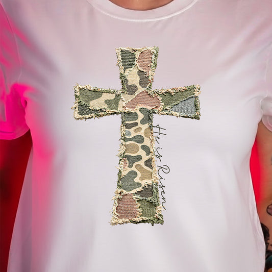 Frayed Canvas Camo Cross - He Is Risen - DTF Transfer (Copy)