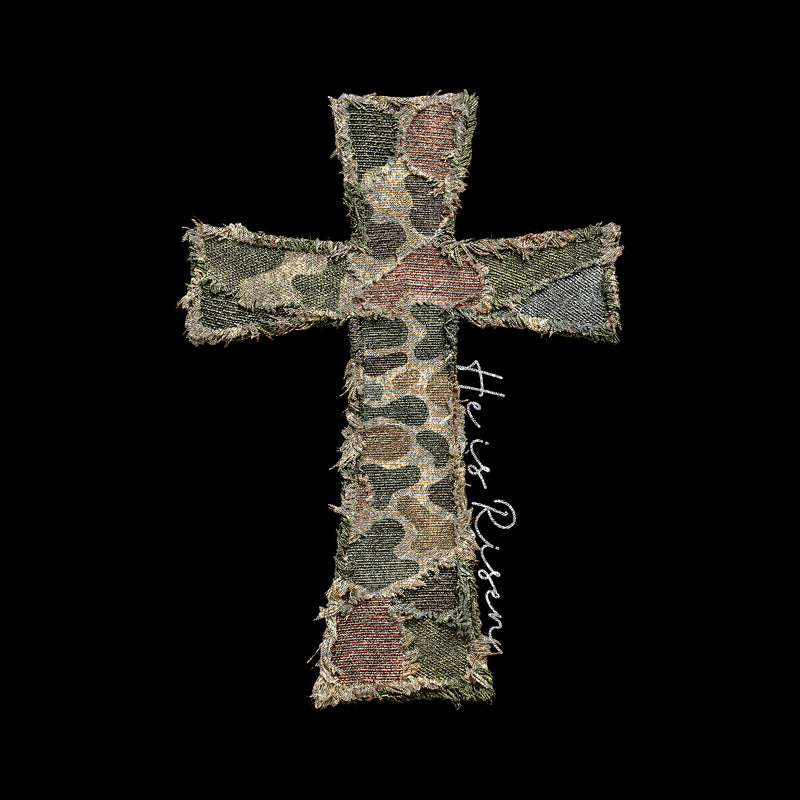 Frayed Canvas Camo Cross - He Is Risen - DTF Transfer (Copy)
