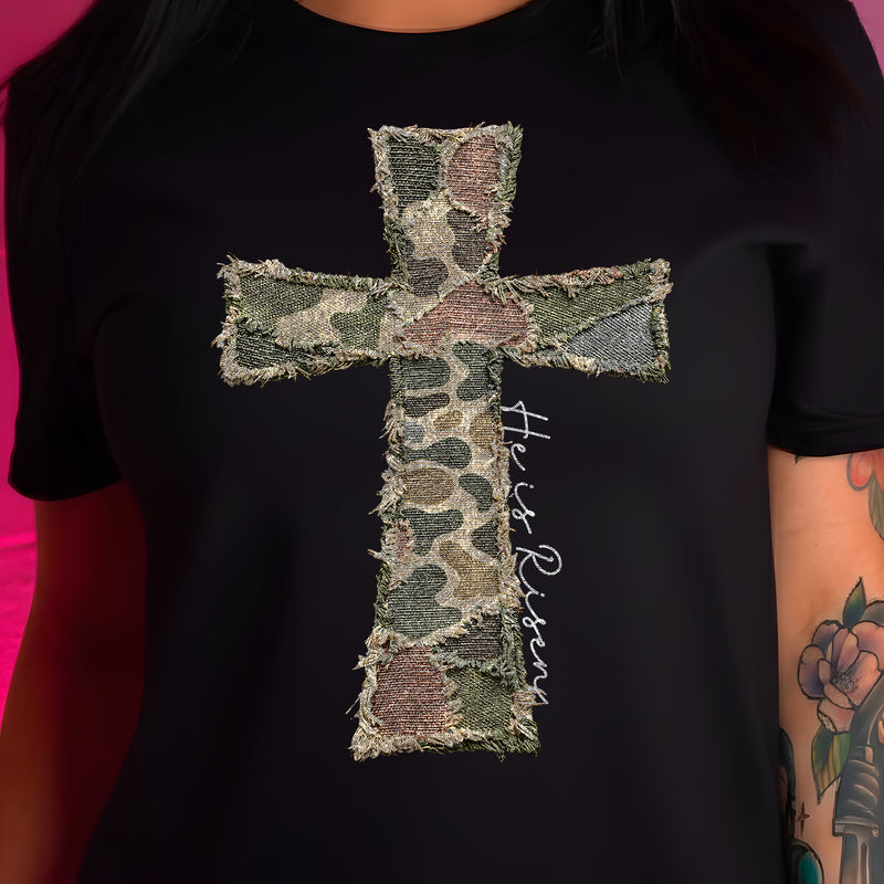 Frayed Canvas Camo Cross - He Is Risen - DTF Transfer (Copy)