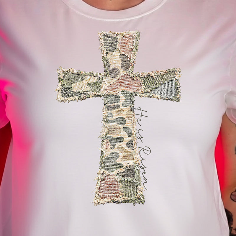Frayed Canvas Camo Cross - He Is Risen - DTF Transfer (Copy)