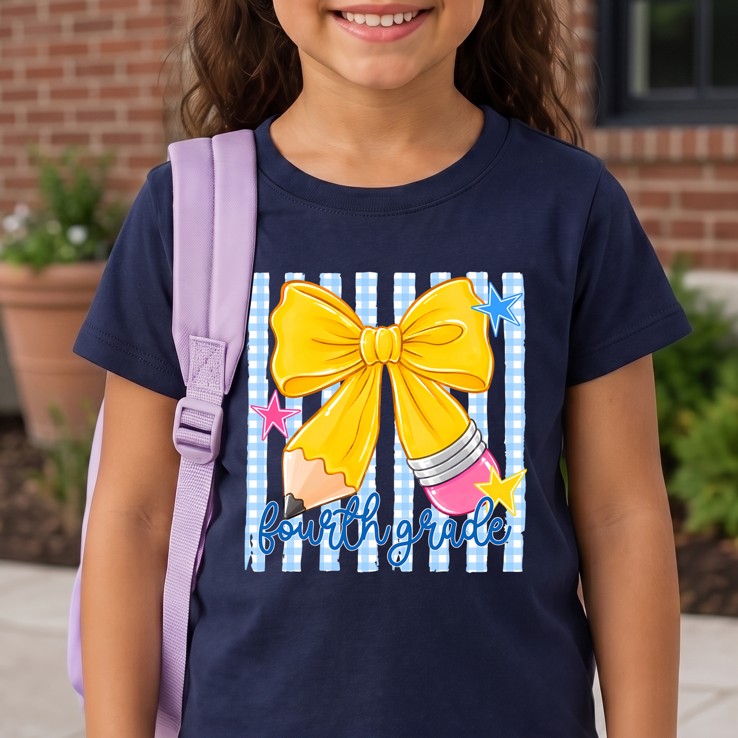Pencil Bow Fourth Grade Gingham & Stripes - DTF Transfer
