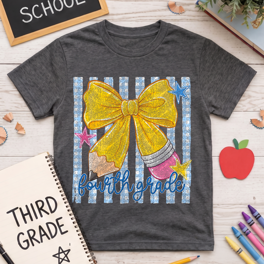 Pencil Bow Fourth Grade Gingham & Stripes - DTF Transfer
