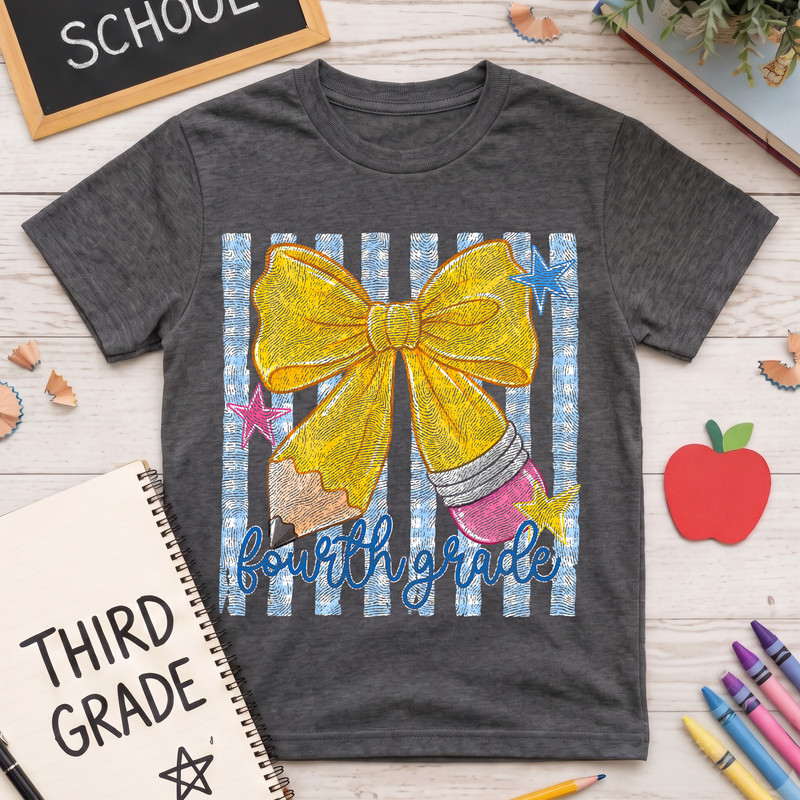 Pencil Bow Fourth Grade Gingham & Stripes - DTF Transfer