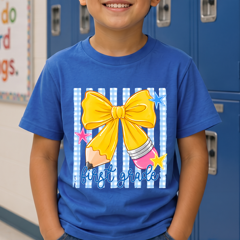 Pencil Bow First Grade Gingham & Stripes - DTF Transfer