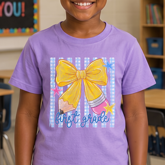 Pencil Bow First Grade Gingham & Stripes - DTF Transfer