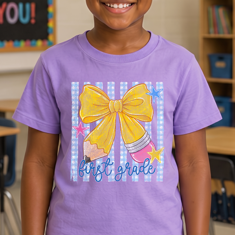 Pencil Bow First Grade Gingham & Stripes - DTF Transfer