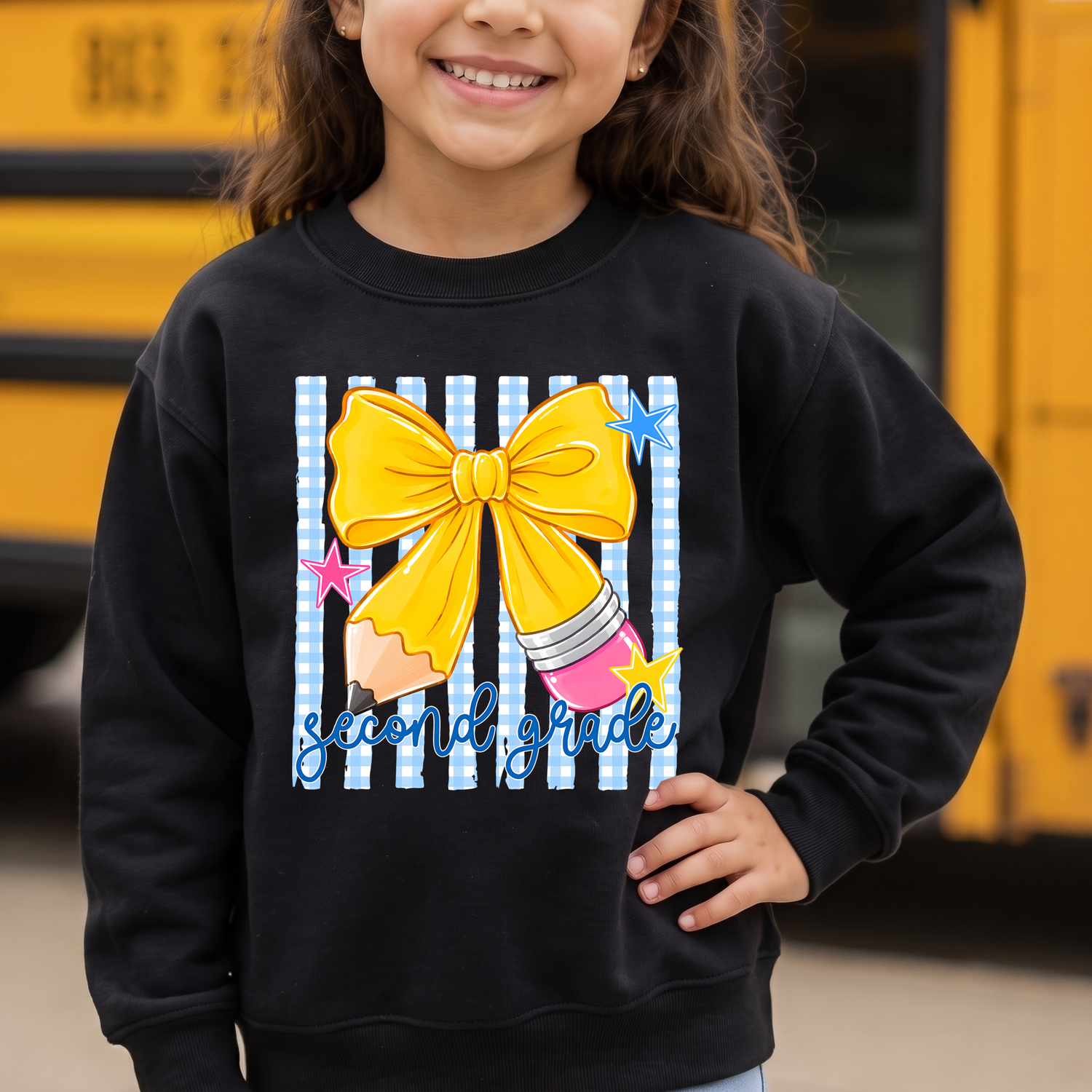 Pencil Bow Second Grade Gingham & Stripes - DTF Transfer