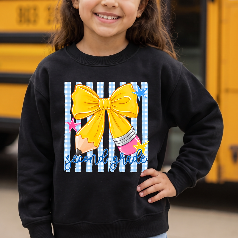 Pencil Bow Second Grade Gingham & Stripes - DTF Transfer