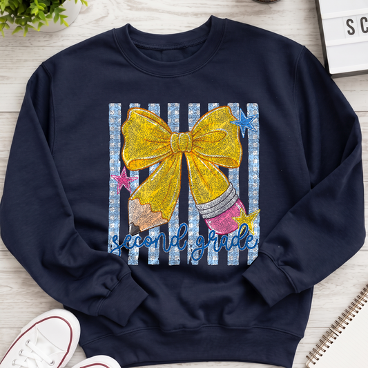 Pencil Bow Second Grade Gingham & Stripes - DTF Transfer