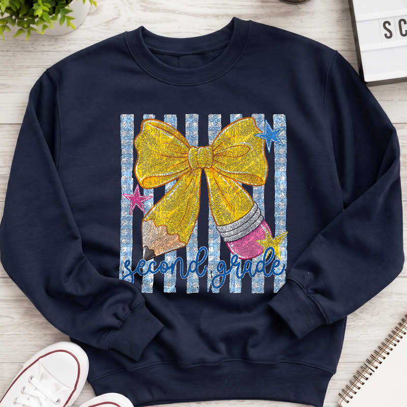 Pencil Bow Second Grade Gingham & Stripes - DTF Transfer