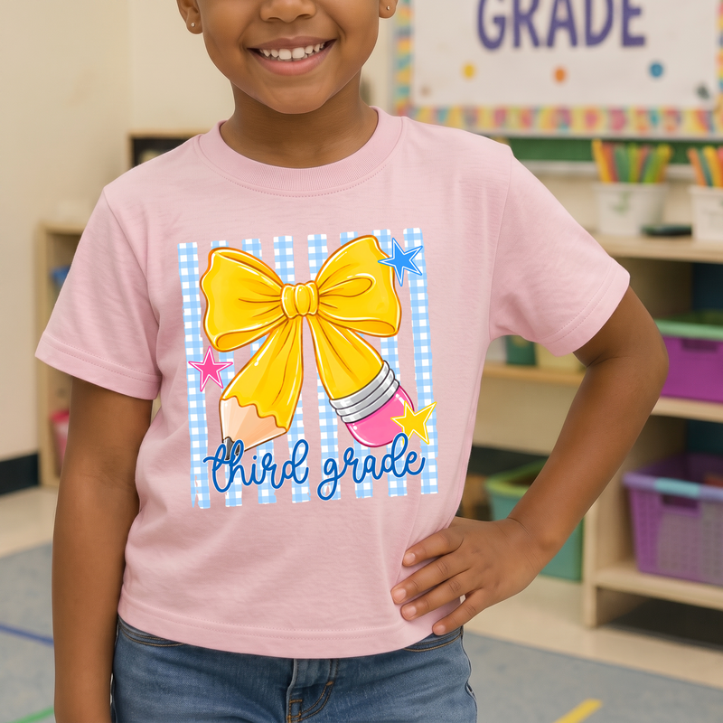Pencil Bow Third Grade Gingham & Stripes - DTF Transfer