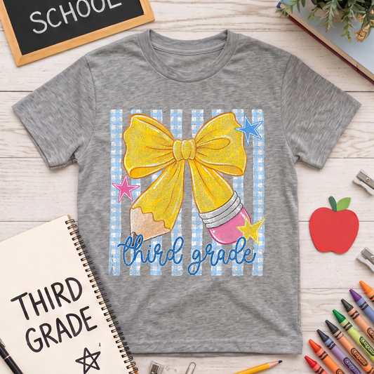 Pencil Bow Third Grade Gingham & Stripes - DTF Transfer