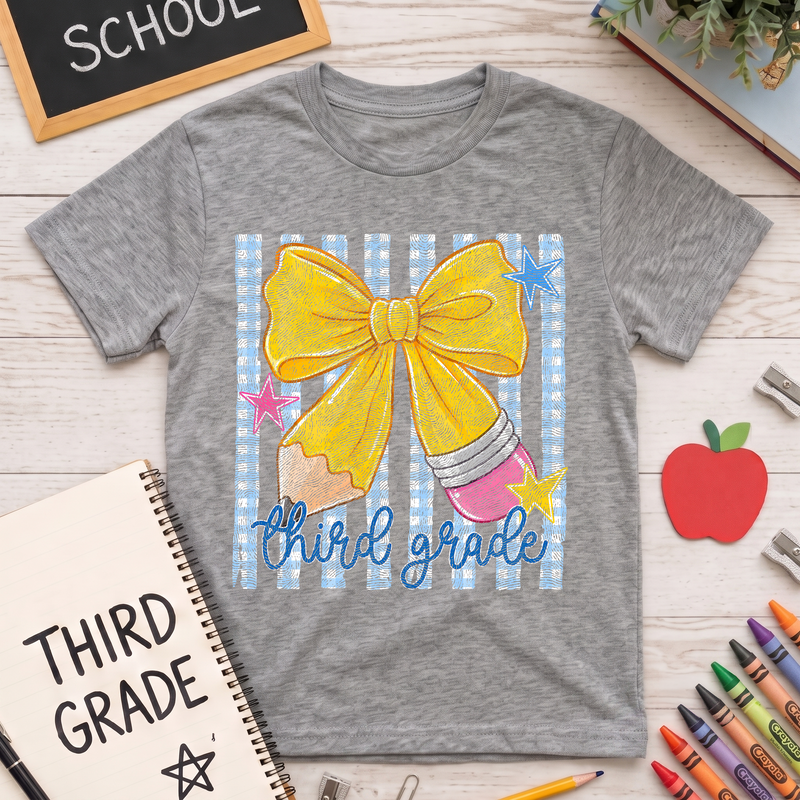 Pencil Bow Third Grade Gingham & Stripes - DTF Transfer