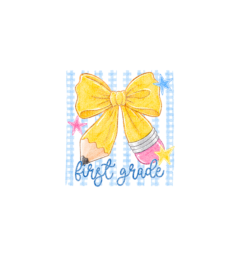 Pencil Bow First Grade Gingham & Stripes - DTF Transfer