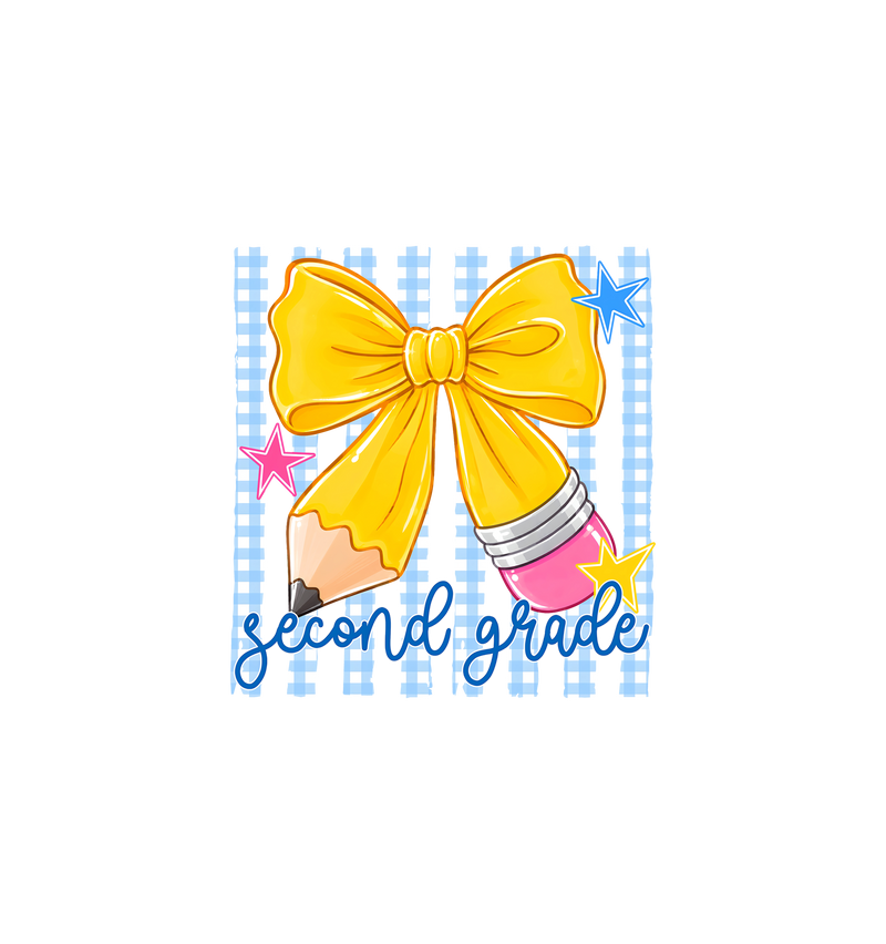Pencil Bow Second Grade Gingham & Stripes - DTF Transfer