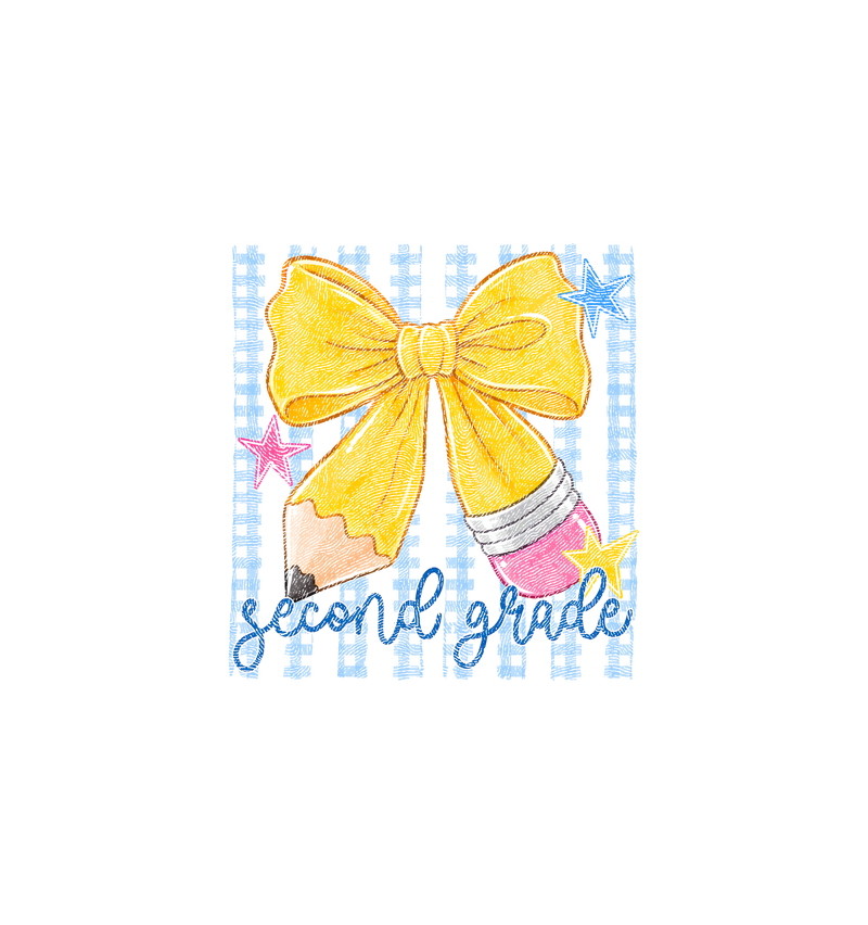Pencil Bow Second Grade Gingham & Stripes - DTF Transfer
