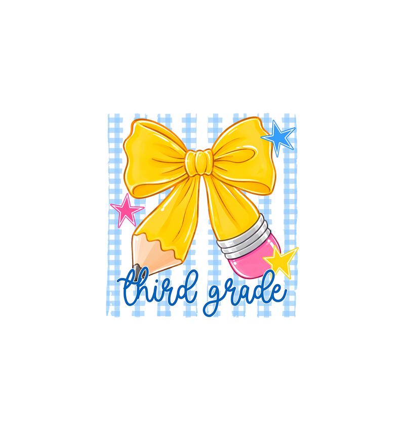 Pencil Bow Third Grade Gingham & Stripes - DTF Transfer