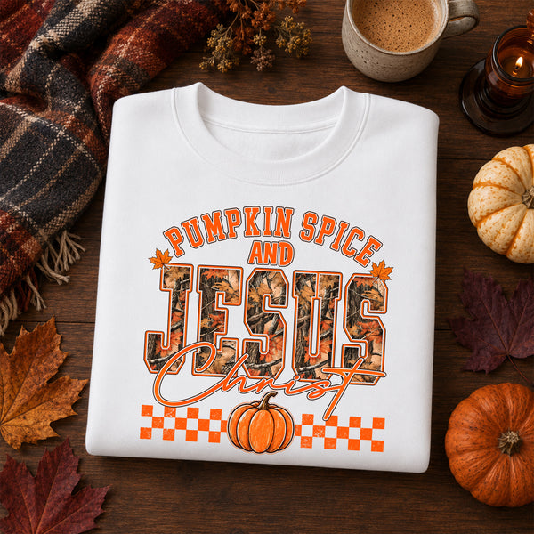 Pumpkin Spice & Jesus Christ: Camo Autumn Faith - DTF Transfer