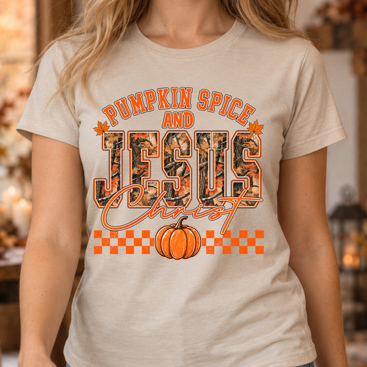 Pumpkin Spice & Jesus Christ: Camo Autumn Faith - DTF Transfer
