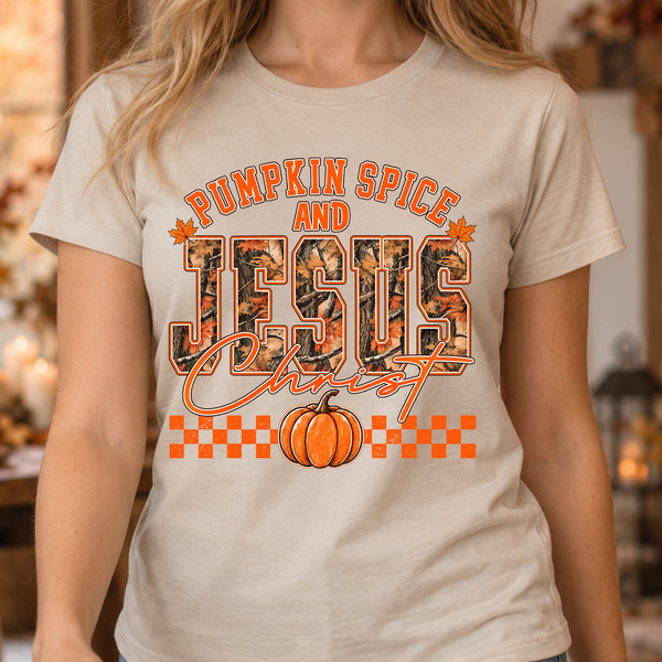 Pumpkin Spice & Jesus Christ: Camo Autumn Faith - DTF Transfer