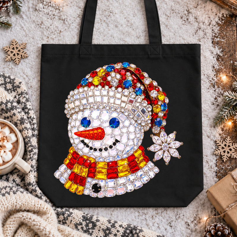 Gemstone Snowman: Beaded Beanie, Striped Scarf & Crystal Snowflake - DTF Transfer