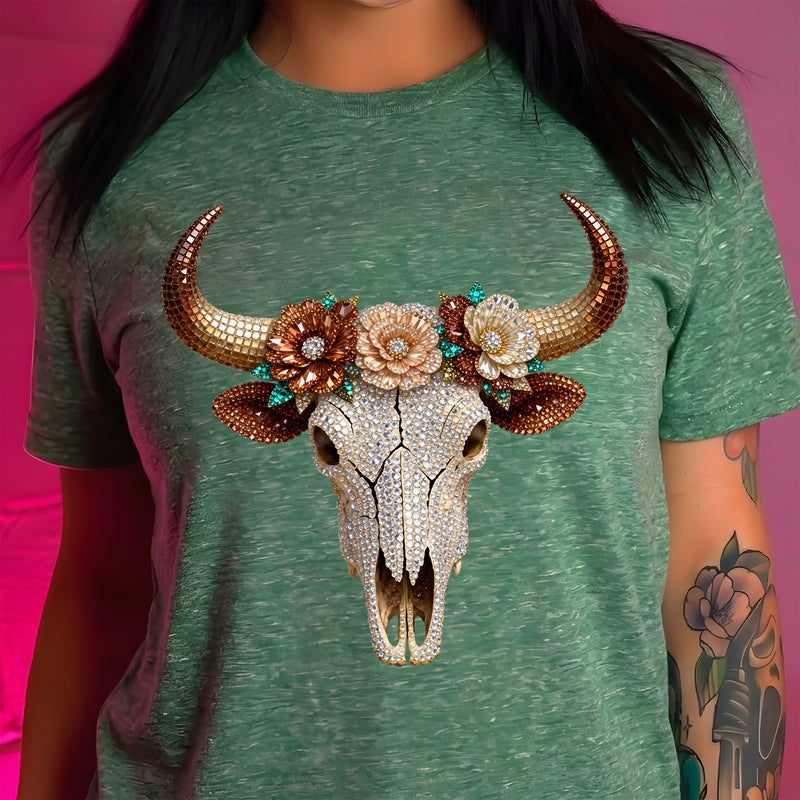 Faux Rhinestone Floral Cow Skull - DTF Transfer
