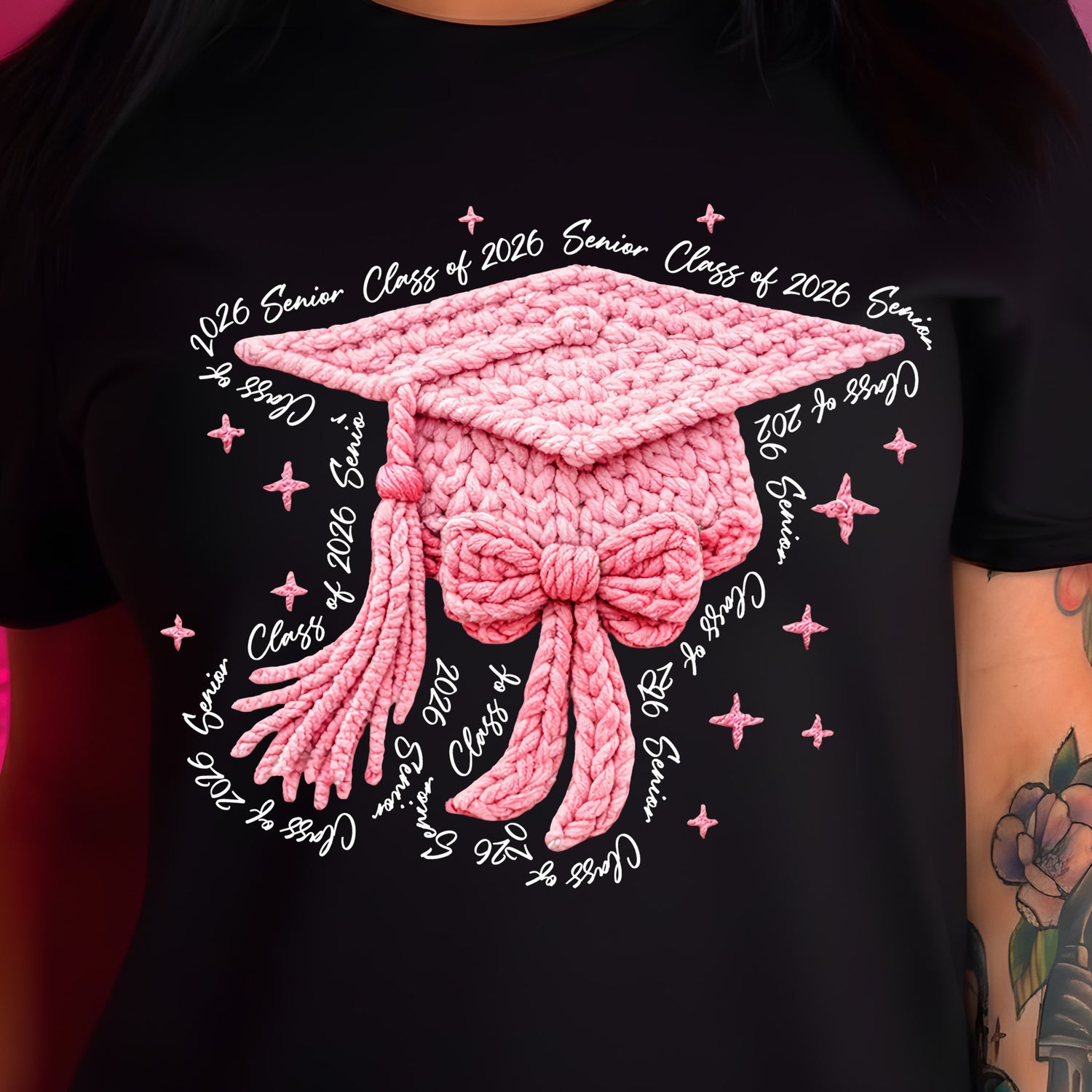 Cozy Grad Pink Faux Crochet Cap - DTF Transfer