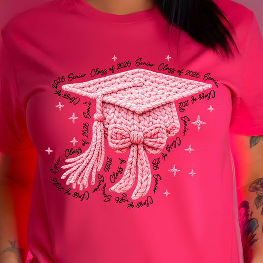 Cozy Grad Pink Faux Crochet Cap - DTF Transfer