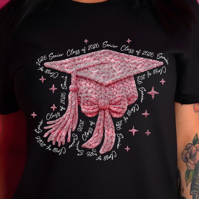 Cozy Grad Pink Faux Crochet Cap - DTF Transfer