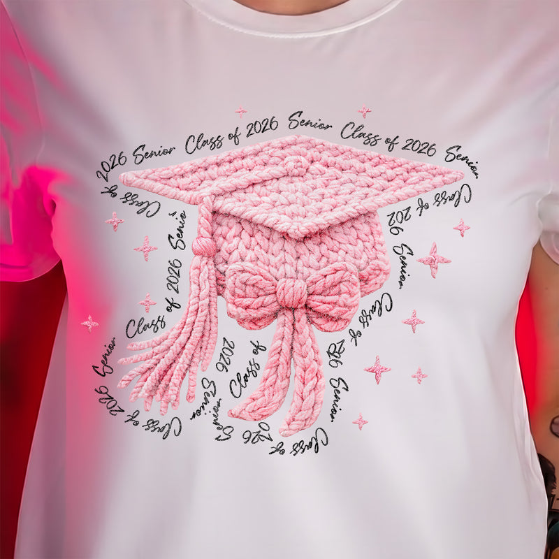 Cozy Grad Pink Faux Crochet Cap - DTF Transfer