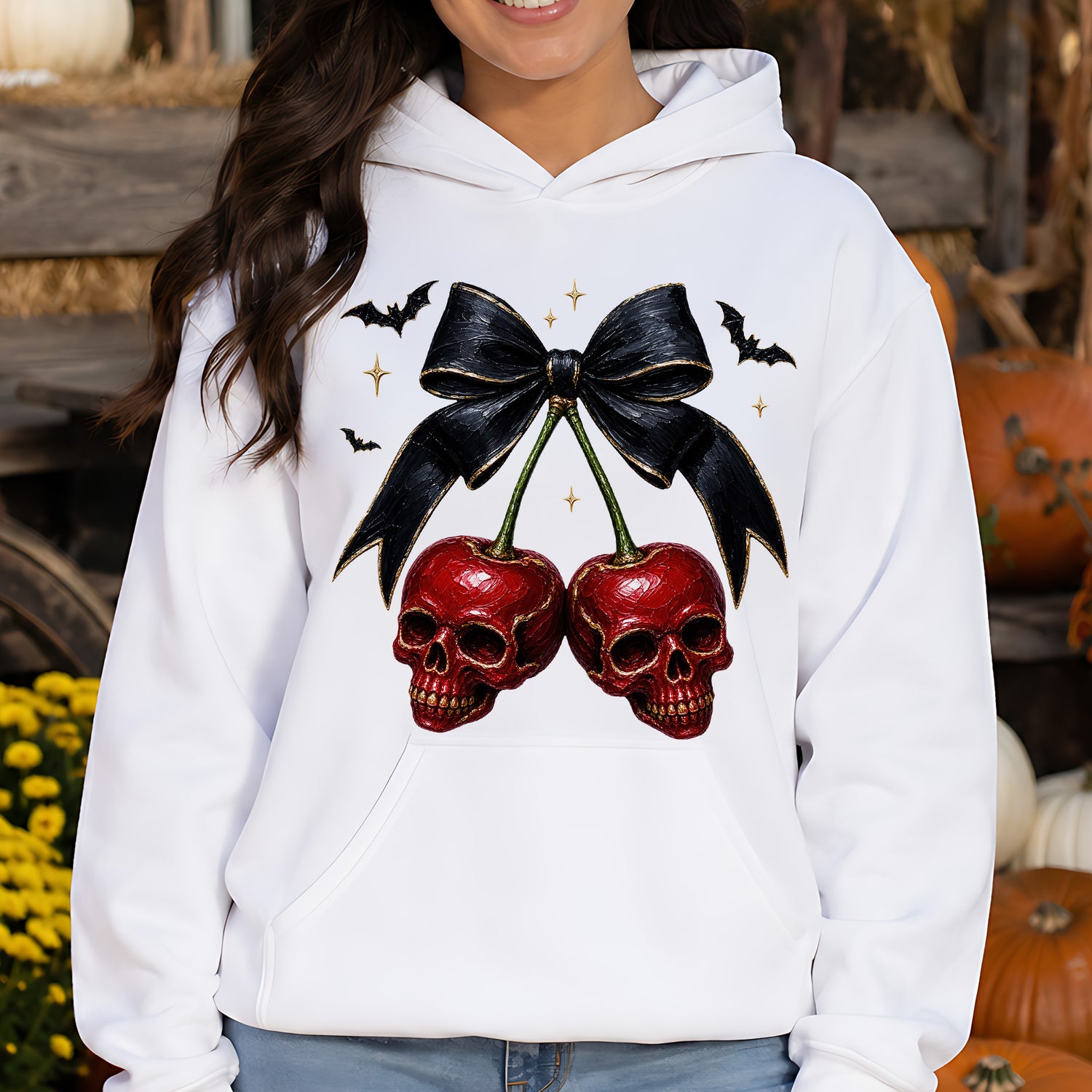 Gothic Skull Cherries & Ribbon with Bats - DTF Transfer