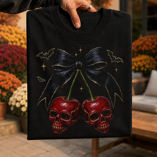 Gothic Skull Cherries & Ribbon with Bats - DTF Transfer
