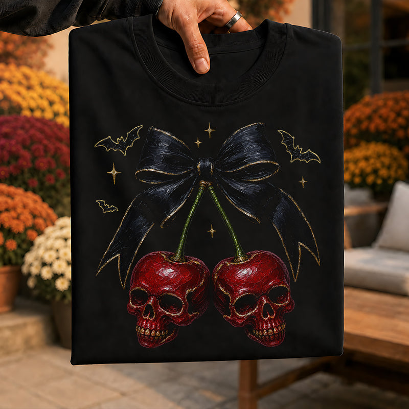 Gothic Skull Cherries & Ribbon with Bats - DTF Transfer