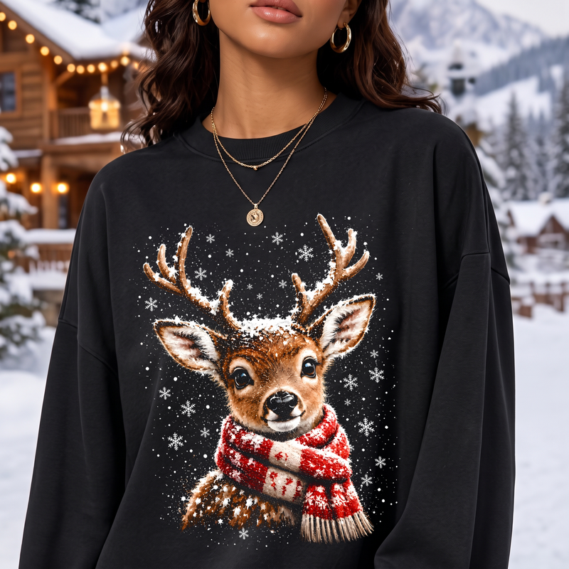 Snowy Reindeer Cozy Winter Scarf & Falling Snow - DTF Transfer
