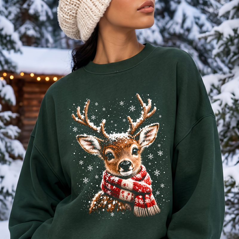 Snowy Reindeer Cozy Winter Scarf & Falling Snow - DTF Transfer