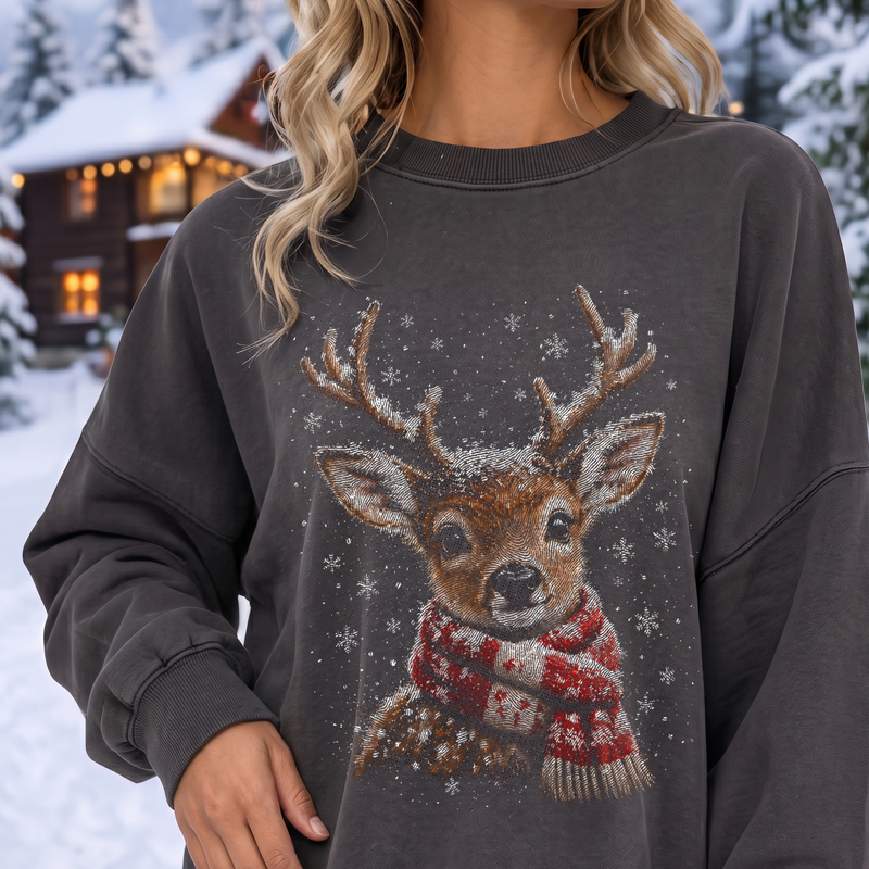 Snowy Reindeer Cozy Winter Scarf & Falling Snow - DTF Transfer