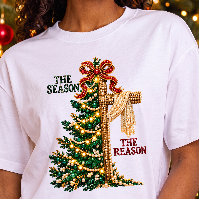 The Season, The Reason Pearl & Beaded Christmas Tree Cross - DTF Transfer