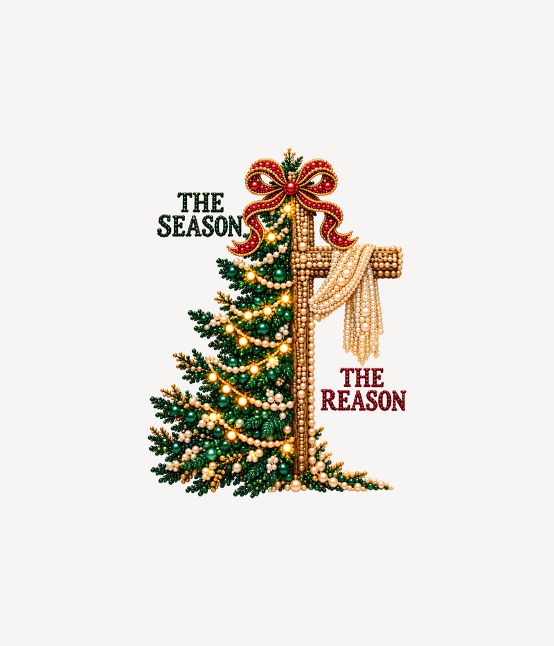 The Season, The Reason Pearl & Beaded Christmas Tree Cross - DTF Transfer