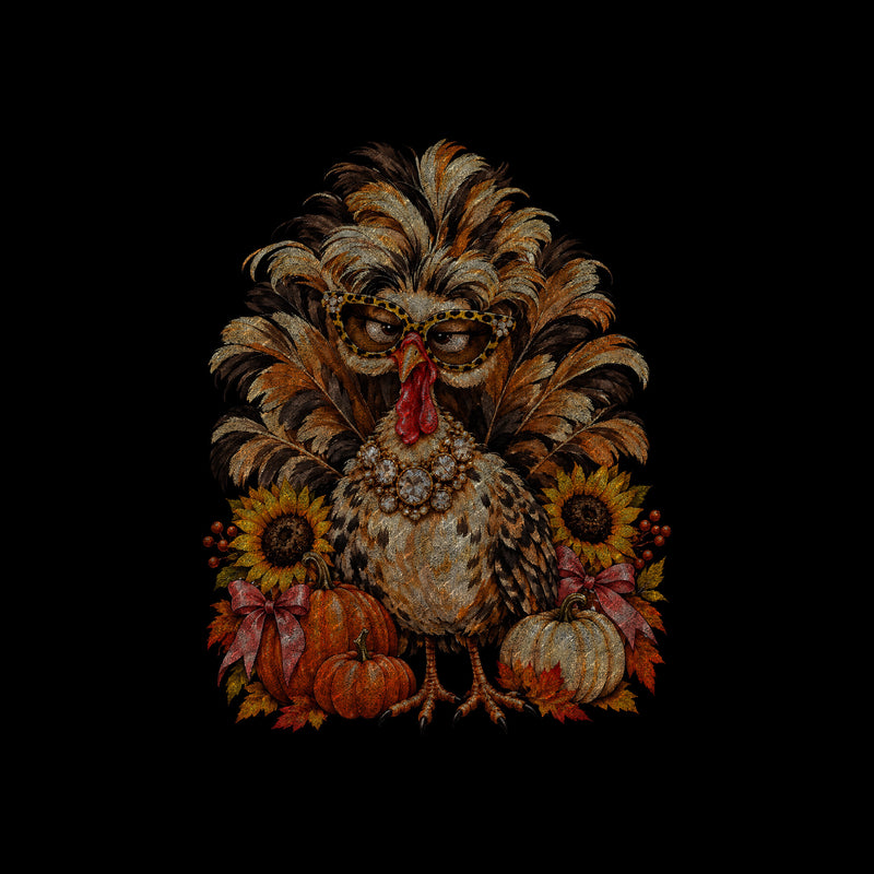 Boujee Fluffy Turkey: Leopard Glasses & Autumn Pumpkins - DTF Transfer