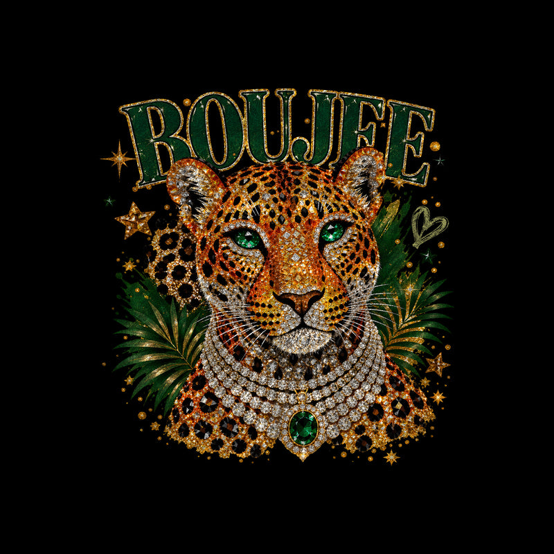 Emerald Boujee Leopard: Beaded Diamond Necklace & Emerald Crown - DTF Transfer