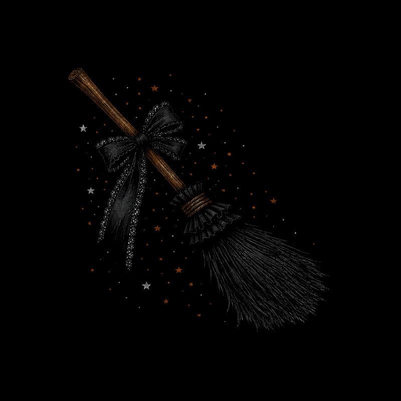 Witchy Broomstick with Black Lace Bow: Celestial Coquette - DTF Transfer