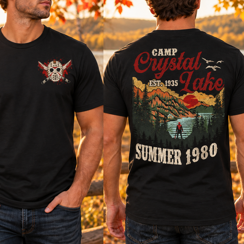 Camp Crystal Lake Summer 1980: Front - Mask & Machetes & Back - Vintage Landscape - DTF Transfer Set
