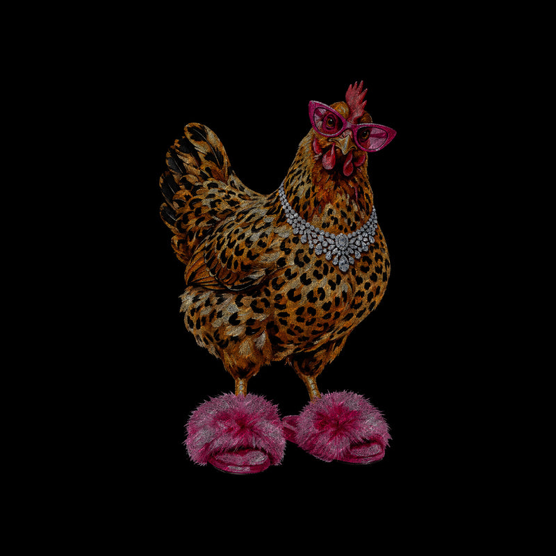 Glam Chicken in Pink Fluffy Slippers - DTF Transfer