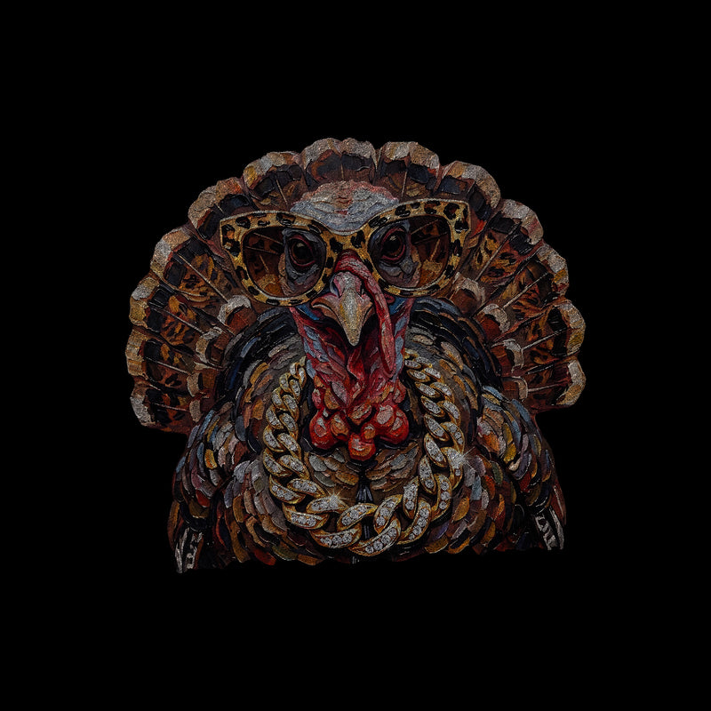Faux Painted Fancy Turkey: Gold Chains & Leopard Glasses DTF Transfer